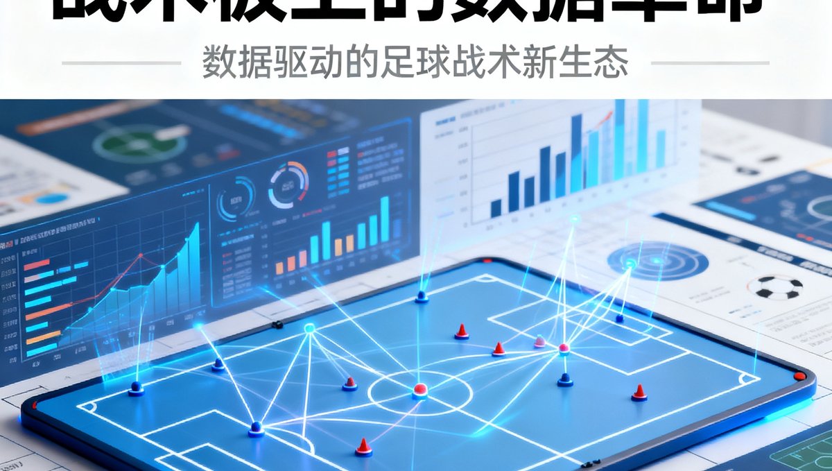 一篇关于足球大数据与人工智能结合的文章封面，展示数据可视化图表与足球场战术板的融合设计